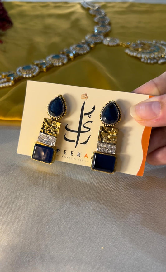 Navy Blue Stone Droplet Earrings - Handmade